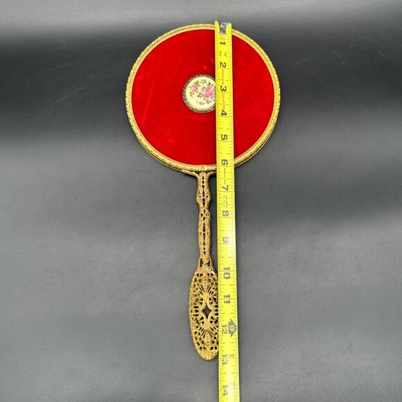Antique Vanity Hand Mirror Red Velvet Guilloche Enamel Plaque Floral Brass - Picture 10 of 12
